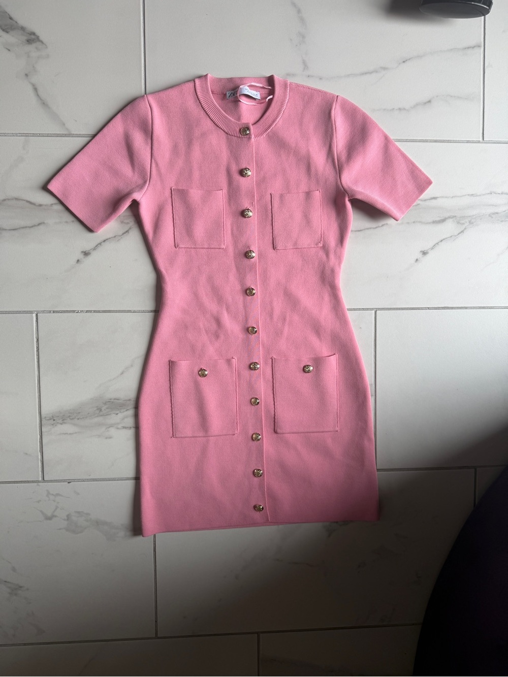 Zara Pink Short-Sleeve Button Front Knit Mini Dress